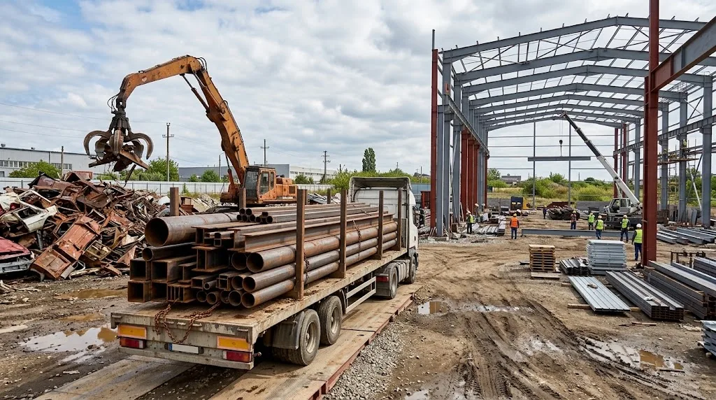 Deșeuri metalice încărcate cu graiferul, un camion cu țevi și profile și o hală metalică în construcție